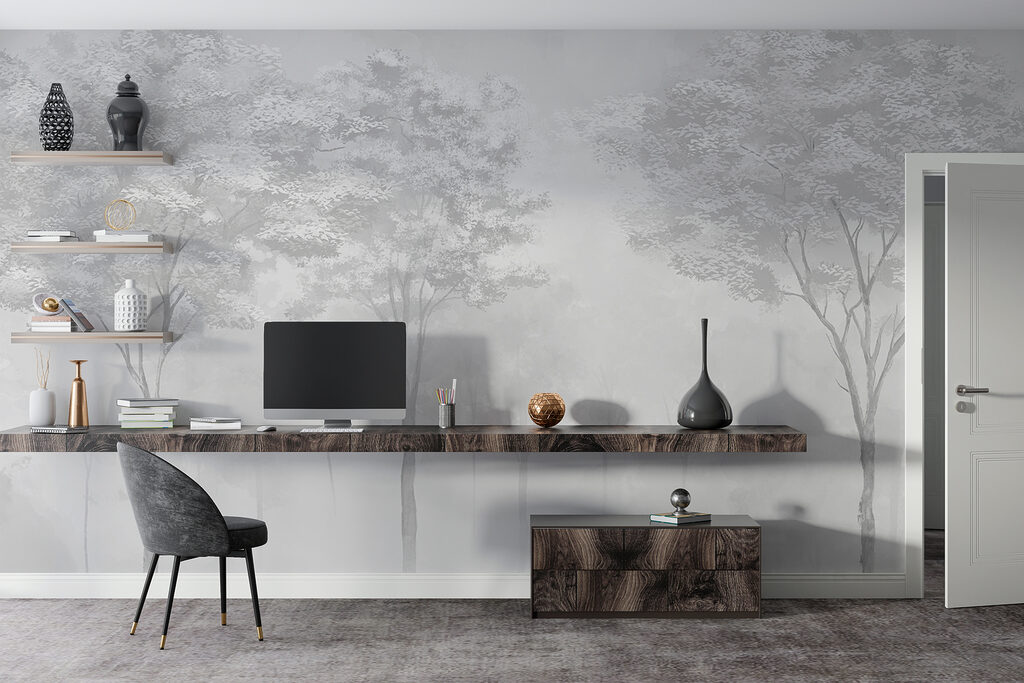 Groep bomen in een mistig bos — interieur 4