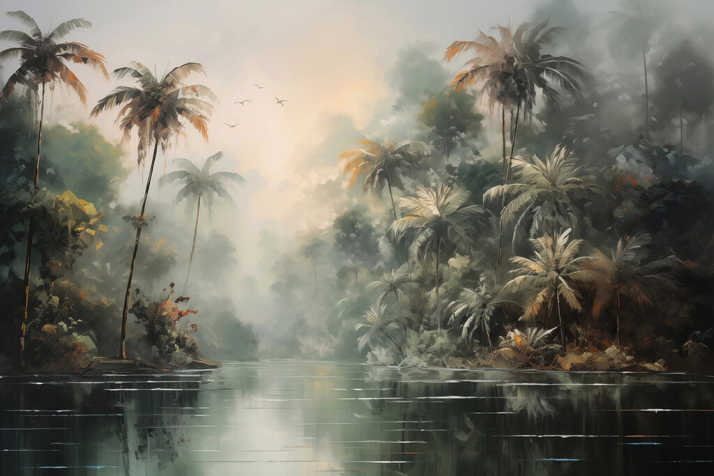 Palmen langs spiegelend water — volledig ontwerp
