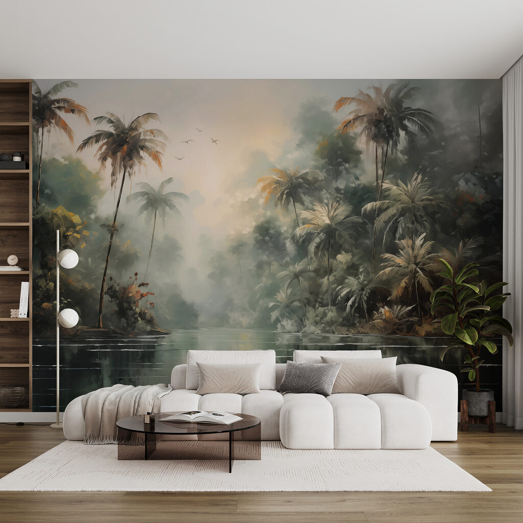 Water met palmbomen en vliegende vogels in een interieur