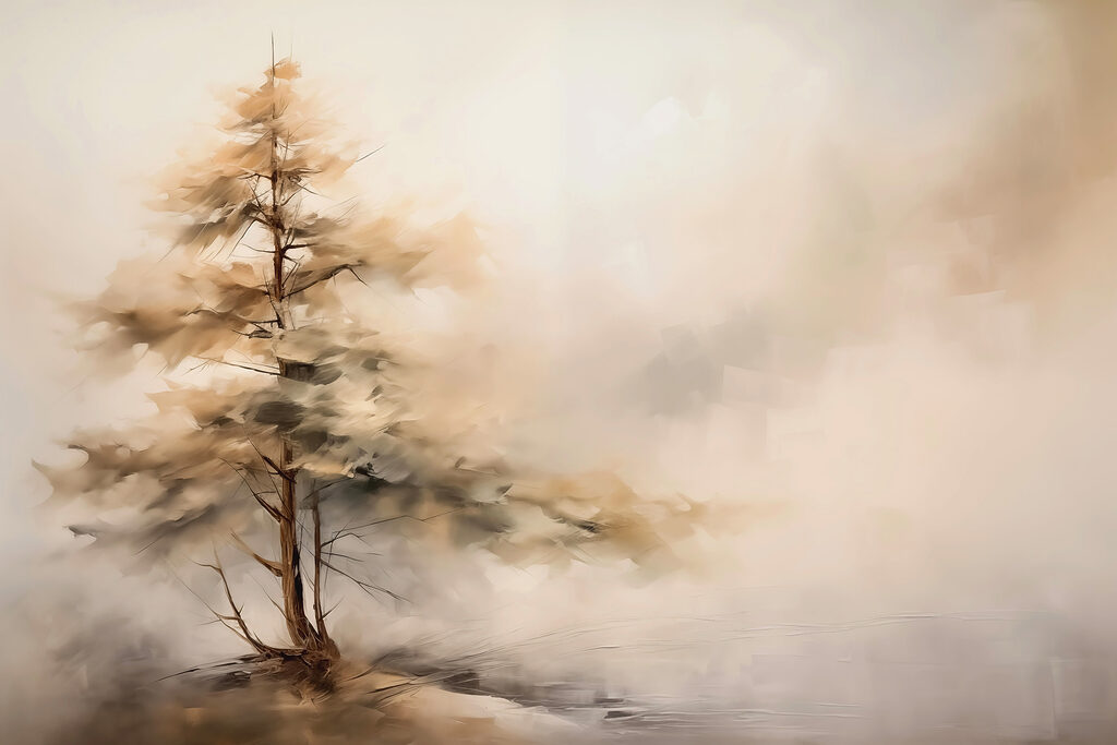 Eenzame boom, warme nevel — volledig ontwerp