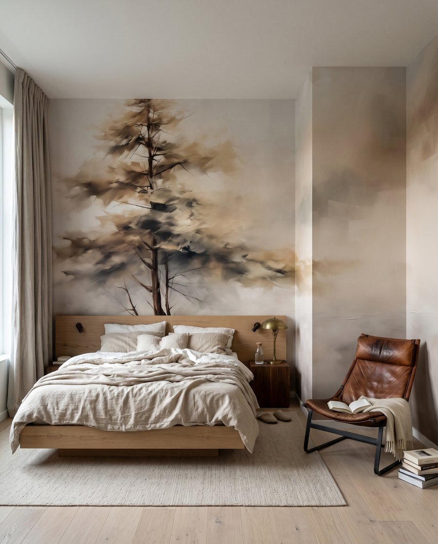 Eenzame boom, warme nevel in een interieur