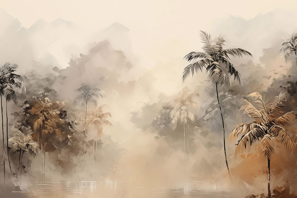 Schilderij van een bos met bomen en mist — volledig ontwerp