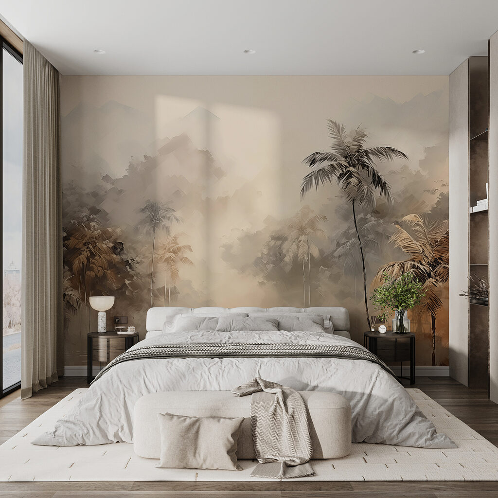 Schilderij van een bos met bomen en mist in een interieur