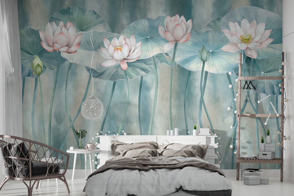 Roze lotussen, turquoise stelen — interieur 1
