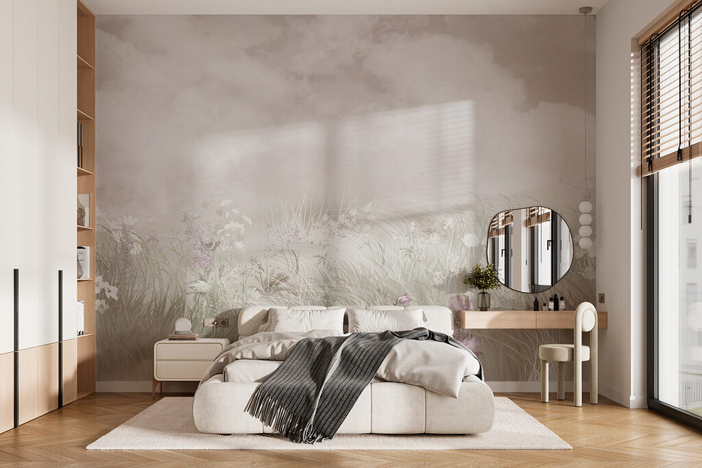 Veld met gras en bloemen in een interieur