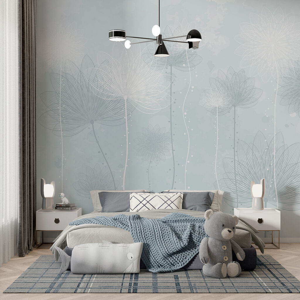 Fijne bloemschermen op ijsblauw — interieur 1