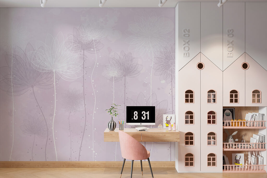 Dunne bloemlijnen op kleurwaas — interieur 2