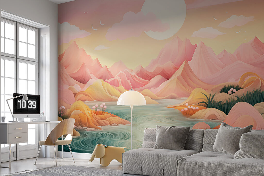 Rivier tussen roze bergvormen — interieur 1