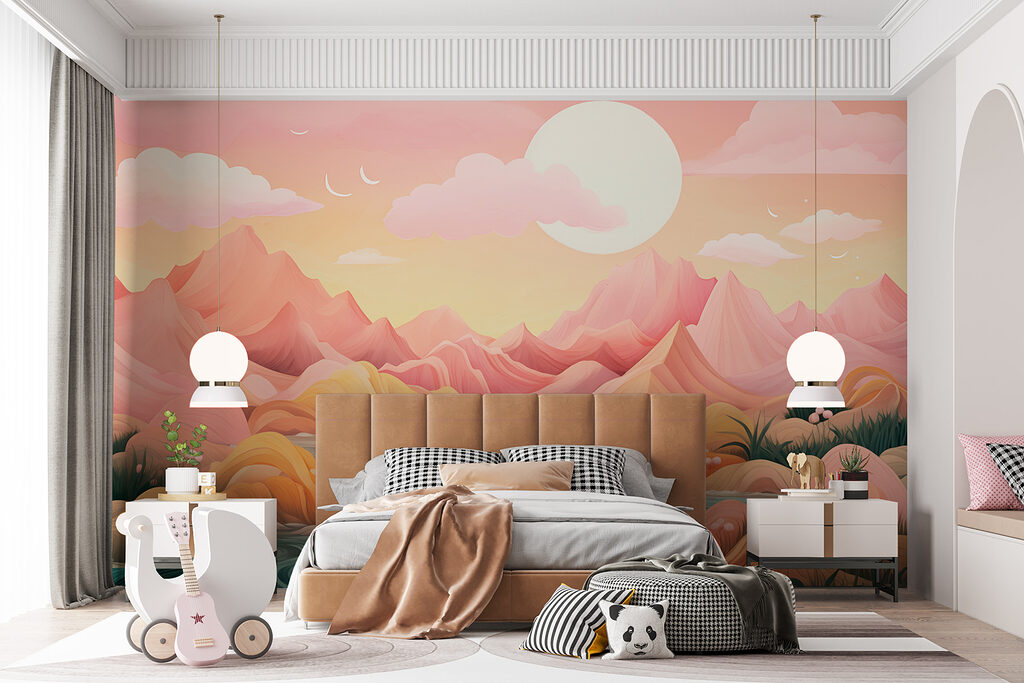 Rivier tussen roze bergvormen — interieur 2