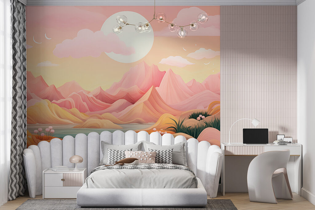 Rivier tussen roze bergvormen — interieur 4