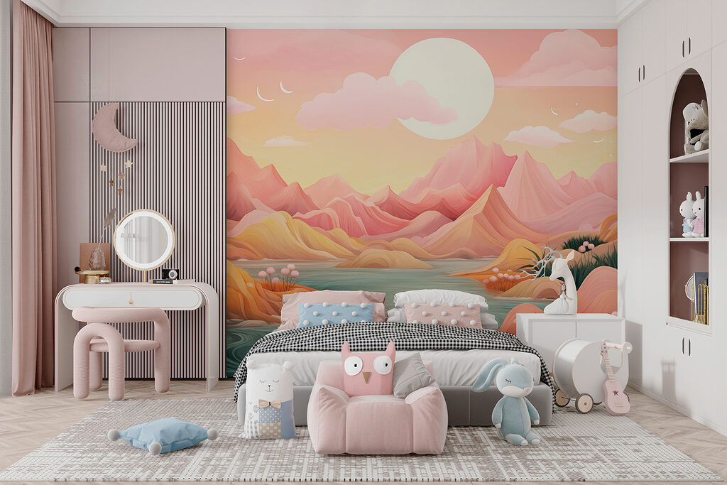 Rivier tussen roze bergvormen — interieur 5