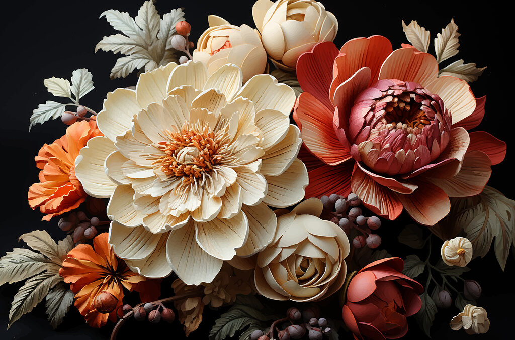 Warme bloemen op zwart — volledig ontwerp