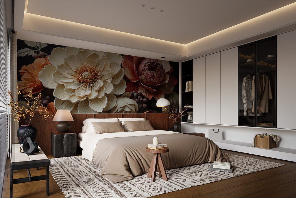 Warme bloemen op zwart — interieur 1