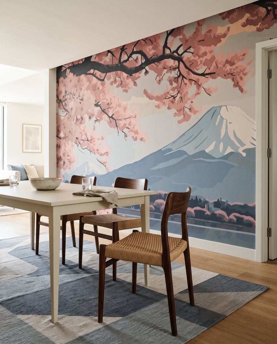 Bloesemtakken boven een bergmeer in een interieur