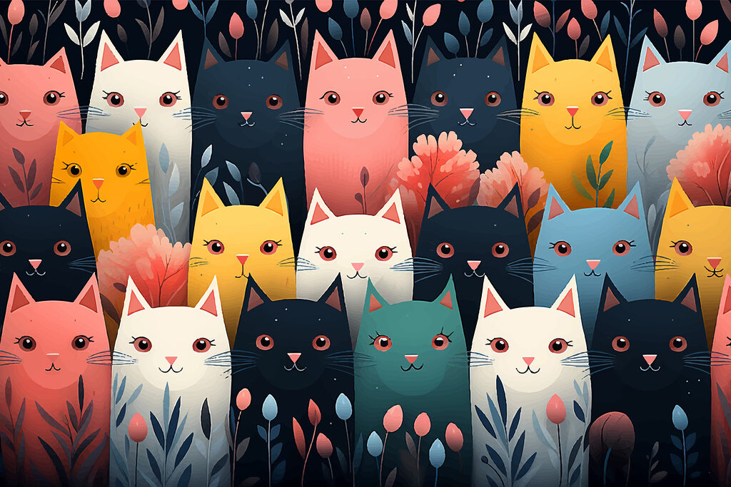 Groep katten met bloemen — volledig ontwerp