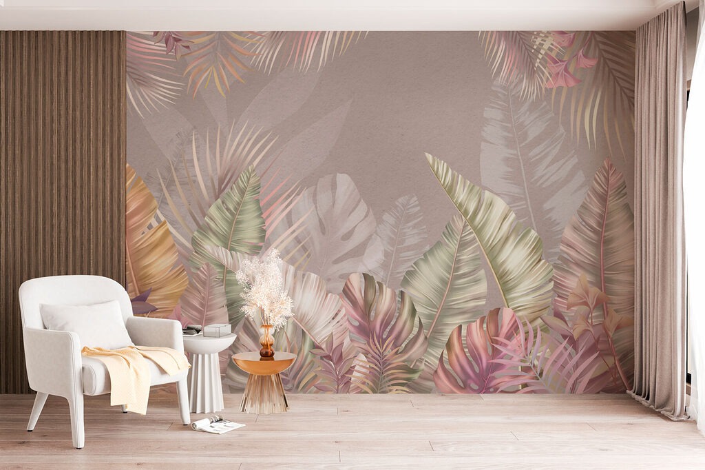 Pastelbladeren rond roze middenruimte — interieur 4
