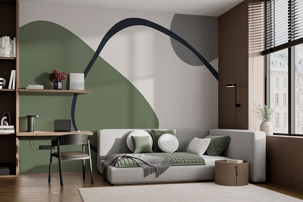 Groene en grijze kunst in een interieur
