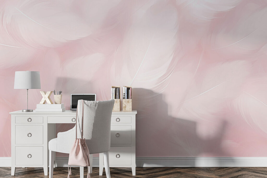 Witte veren op zachtroze — interieur 1