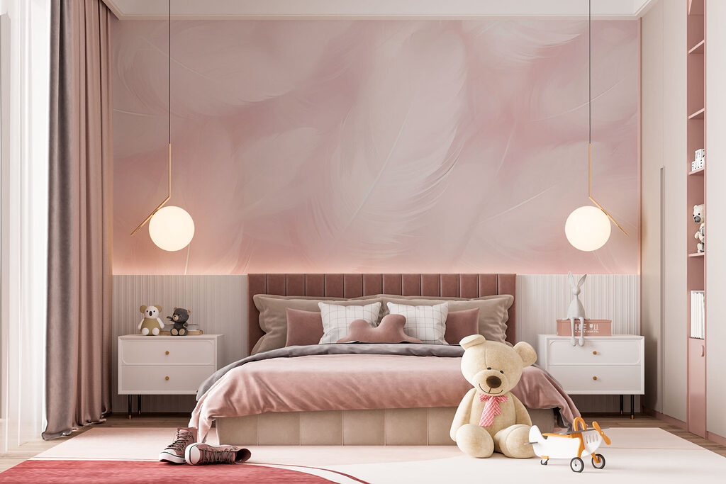 Witte veren op zachtroze — interieur 3