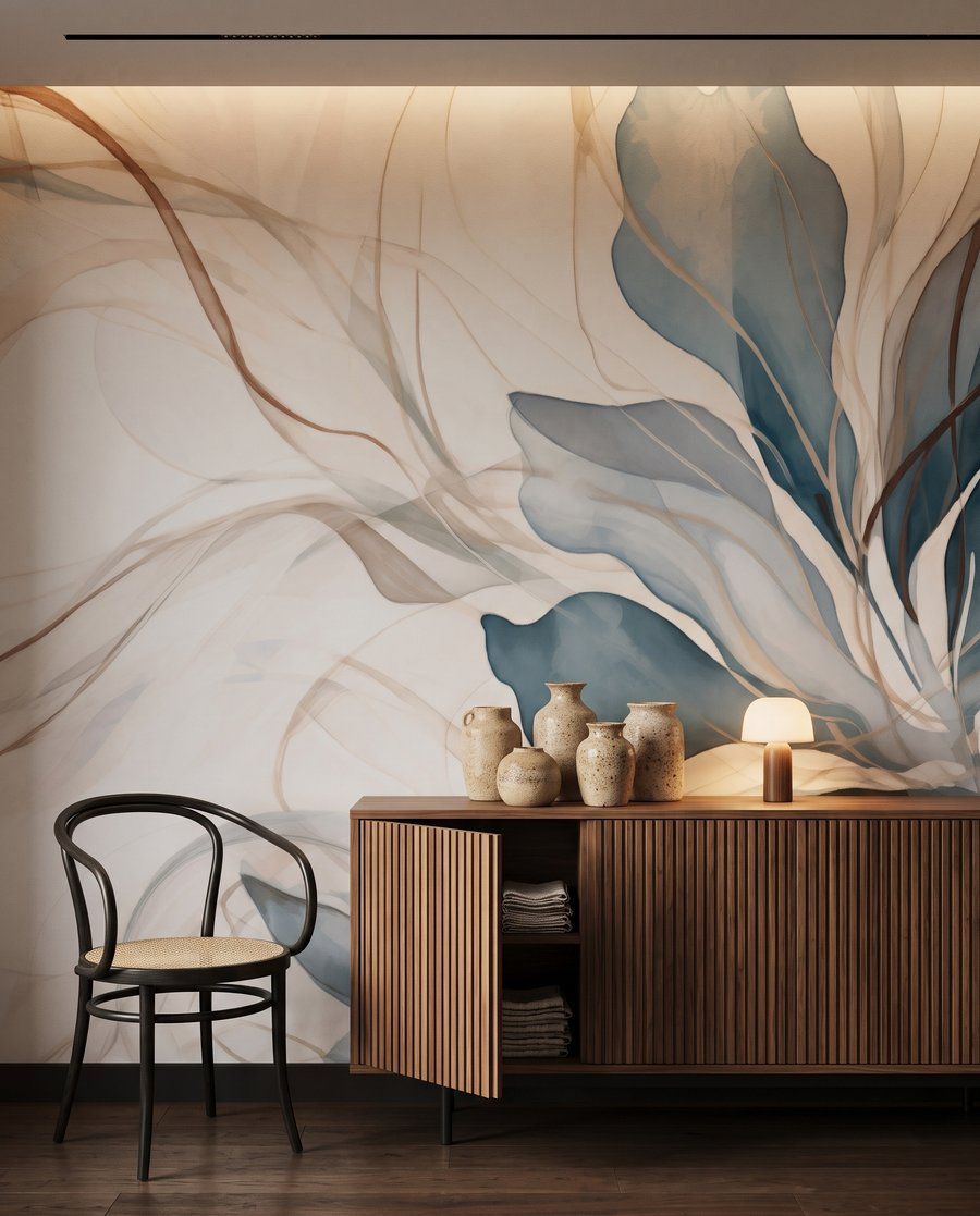 Blauwe bladeren met aders in een interieur