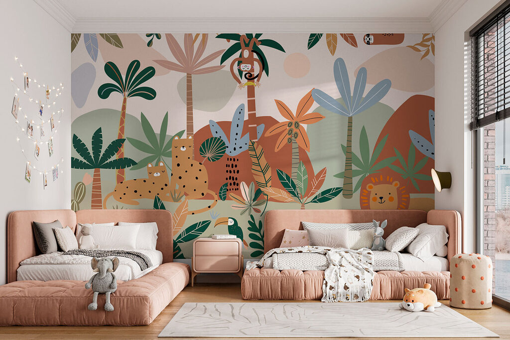 Beeldverhaal van dieren in een jungle in een interieur