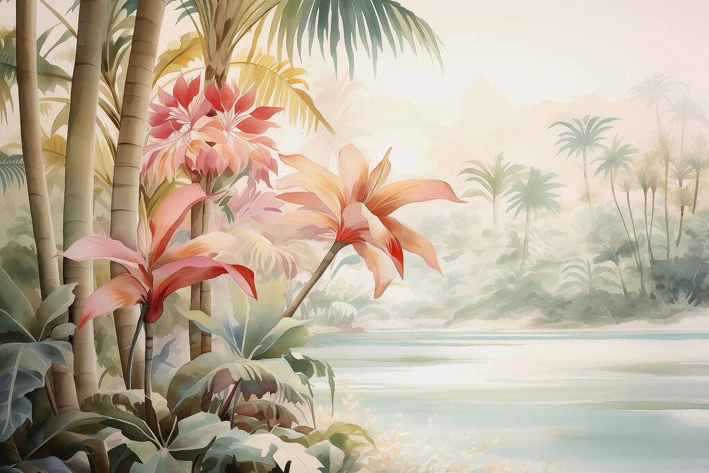 Schilderij van bloemen en palmbomen — volledig ontwerp