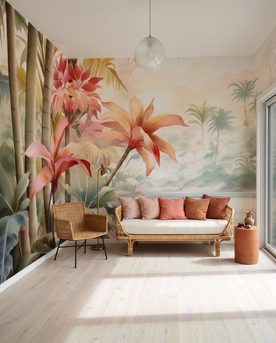 Roze bloemen aan junglerivier in een interieur