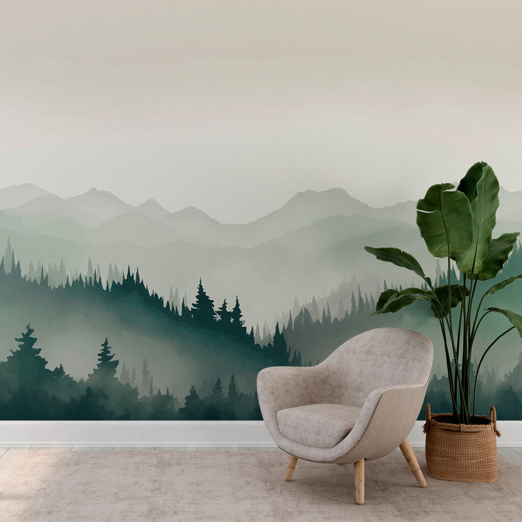 Groene dennenheuvels in nevel — interieur 1