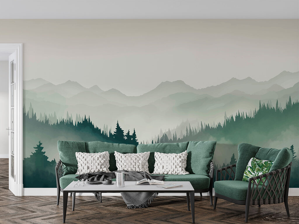 Groene dennenheuvels in nevel — interieur 2