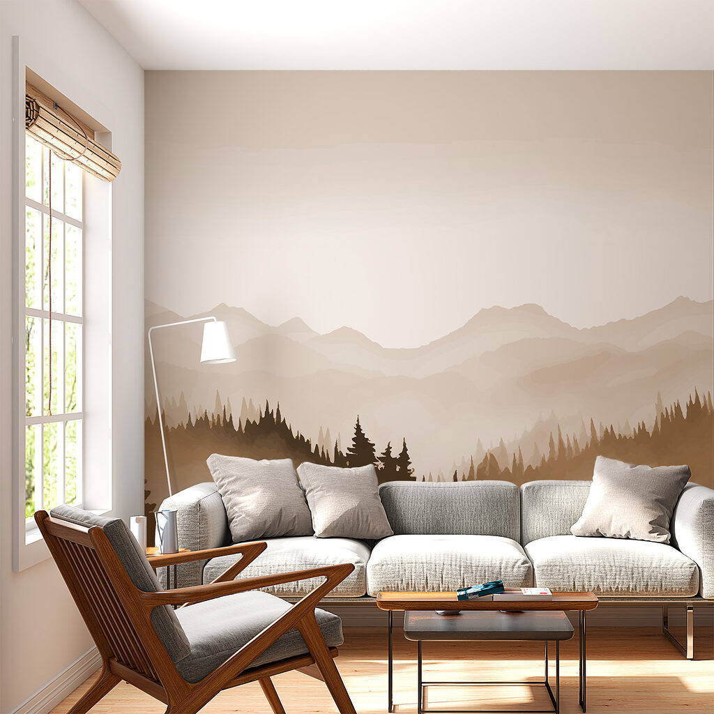 Landschap van bomen en bergen in een interieur
