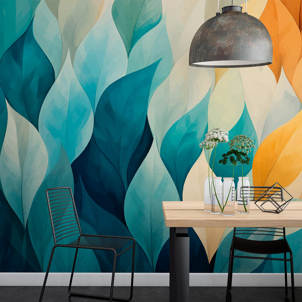 Bladeren in turquoise aardetinten — interieur 3