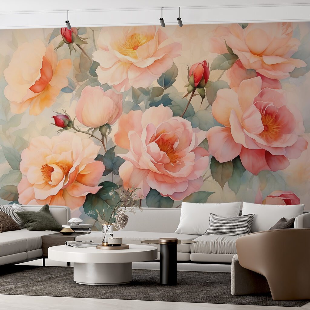 Perzikrozen boven groene blaadjes — interieur 2