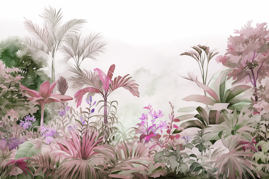 Tropentuin in roze waas — volledig ontwerp