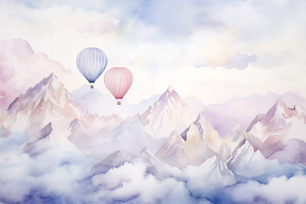 Twee ballonnen boven pastelbergen — volledig ontwerp