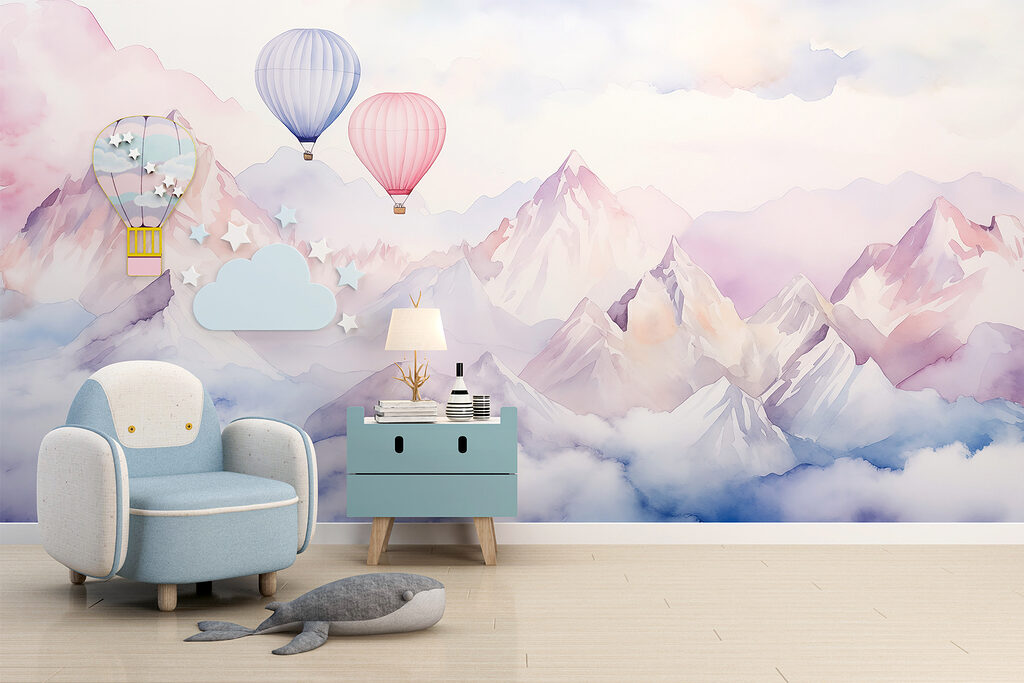 Twee ballonnen boven pastelbergen — interieur 1