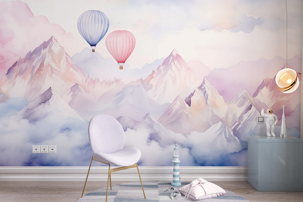 Twee ballonnen boven pastelbergen — interieur 2