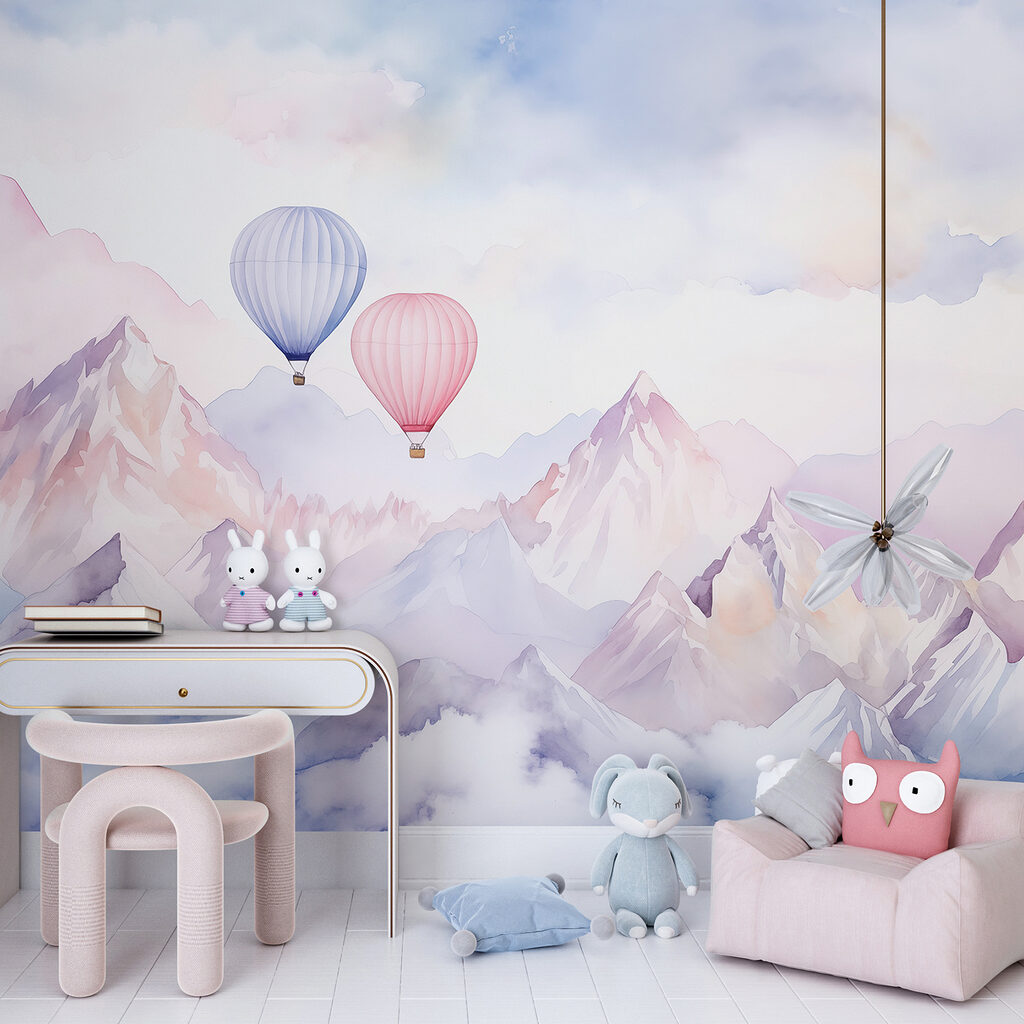 Twee ballonnen boven pastelbergen — interieur 3