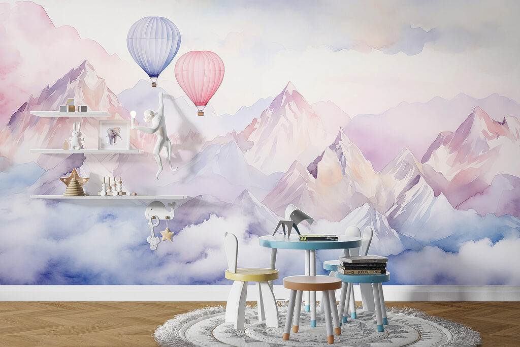 Twee ballonnen boven pastelbergen — interieur 4