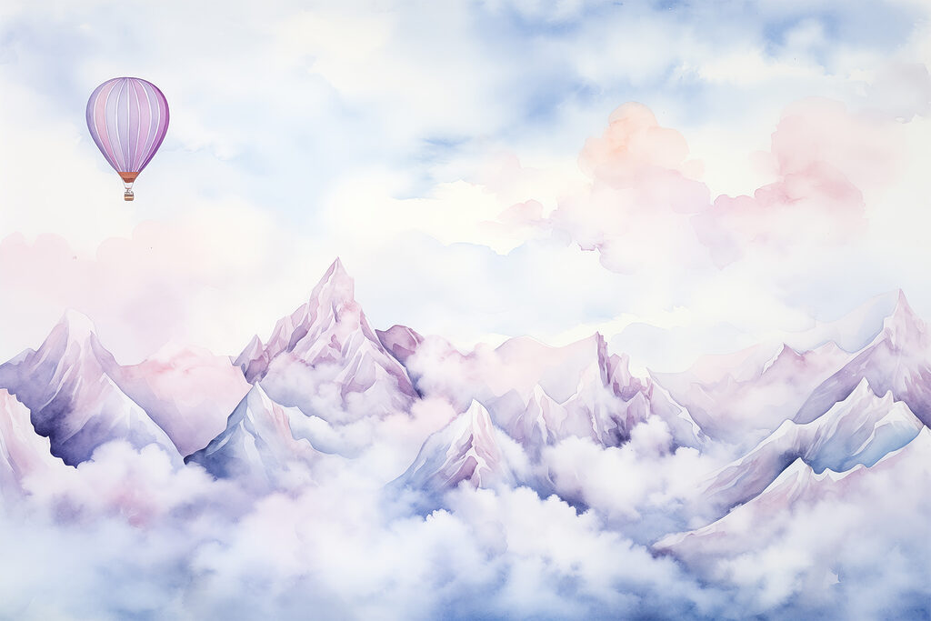 Lila ballon boven sneeuwpieken — volledig ontwerp