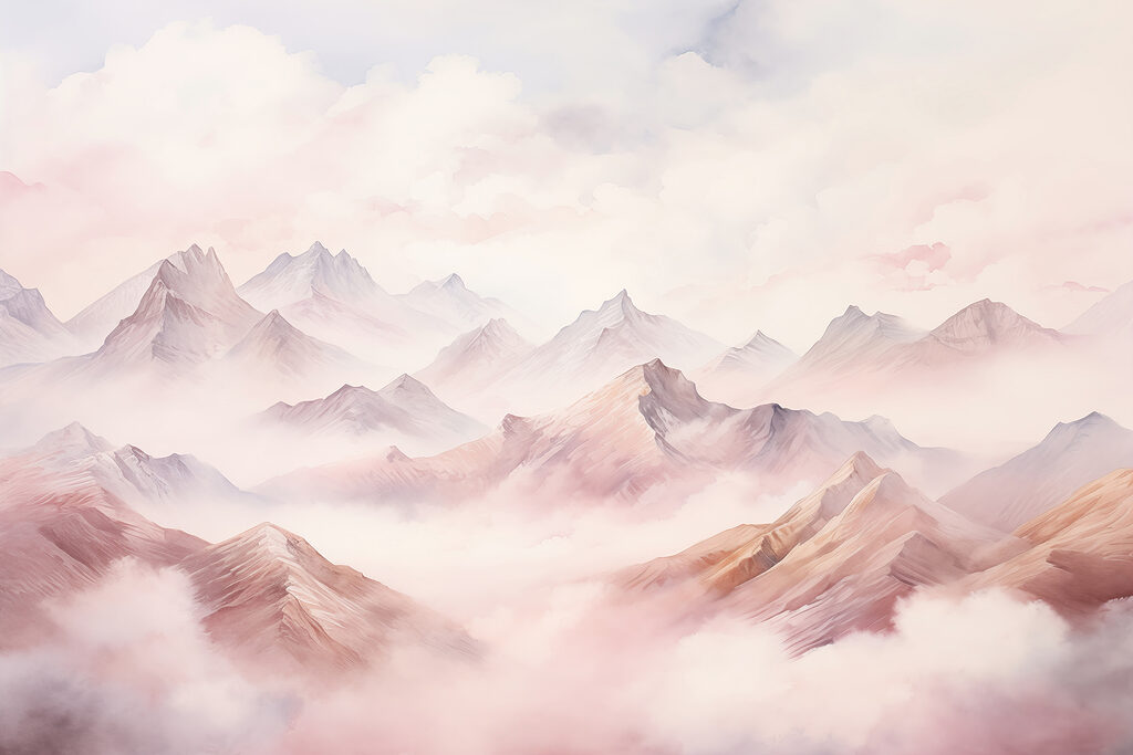Roze bergketens tussen wolken — volledig ontwerp