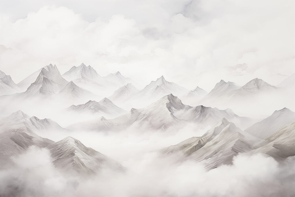 Grijze toppen in wolkenzee — volledig ontwerp