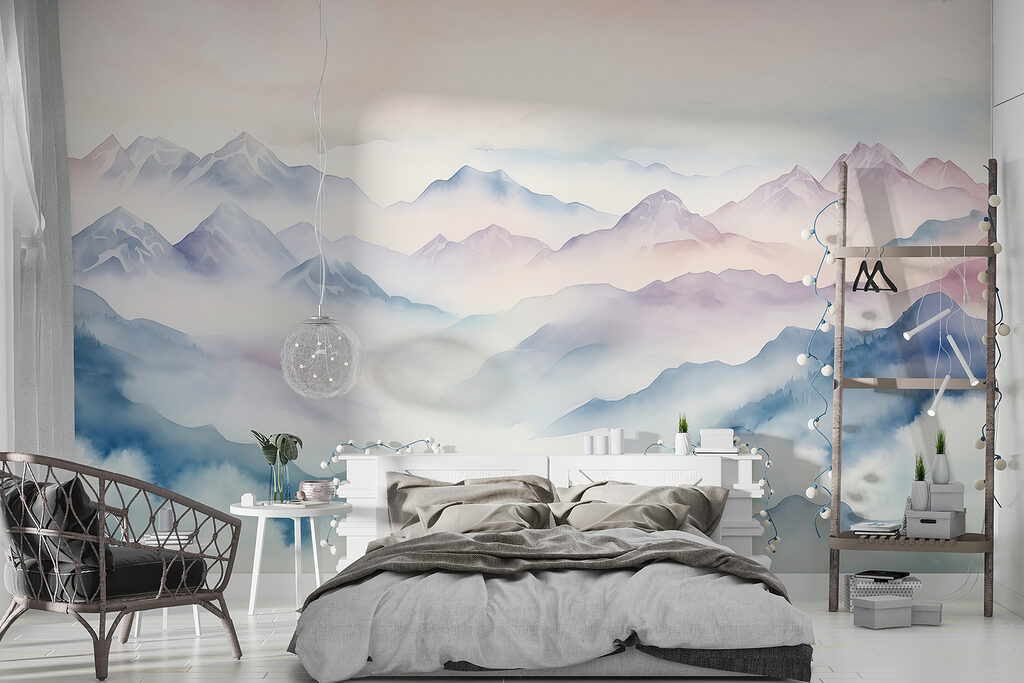 Schilderij van bergen en wolken in een interieur