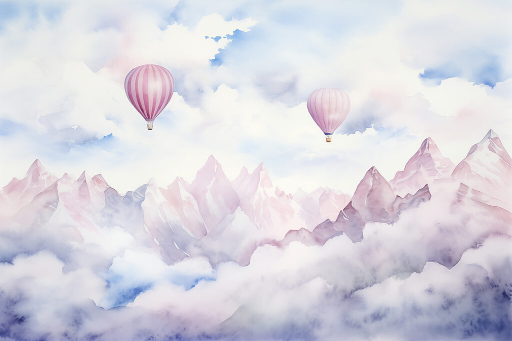Roze ballonnen boven bergwolken — volledig ontwerp