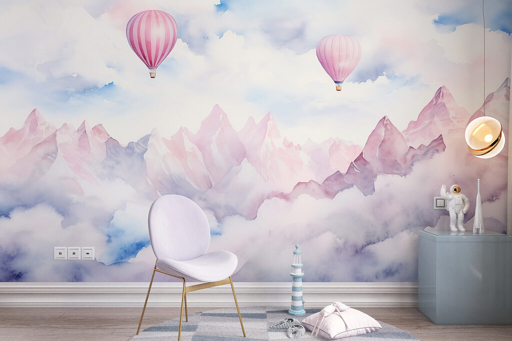 Groep heteluchtballonnen in de lucht boven wolken in een interieur