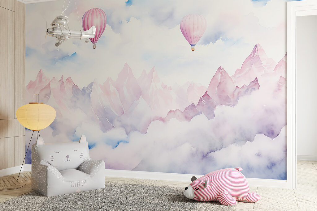 Roze ballonnen boven bergwolken — interieur 2