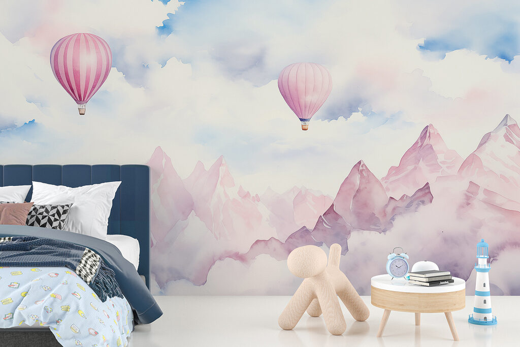 Roze ballonnen boven bergwolken — interieur 4