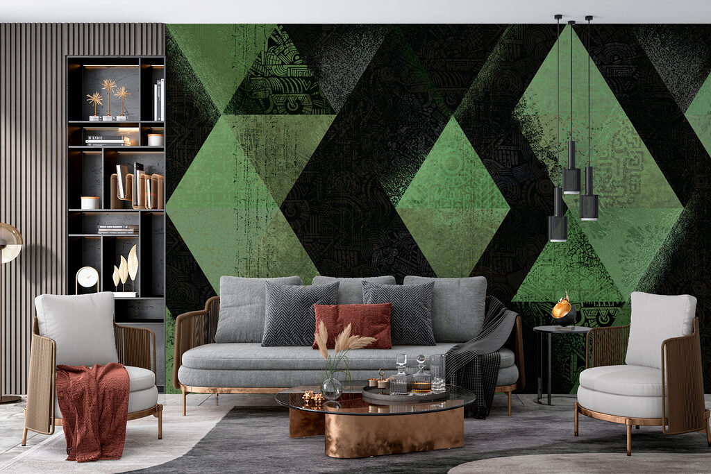 Geometrische patronen in aardetinten in een interieur