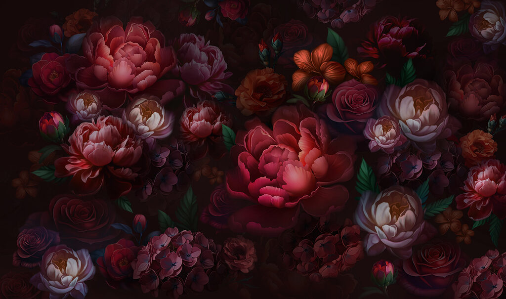 Donkerrode bloemen als nachtpatroon — volledig ontwerp