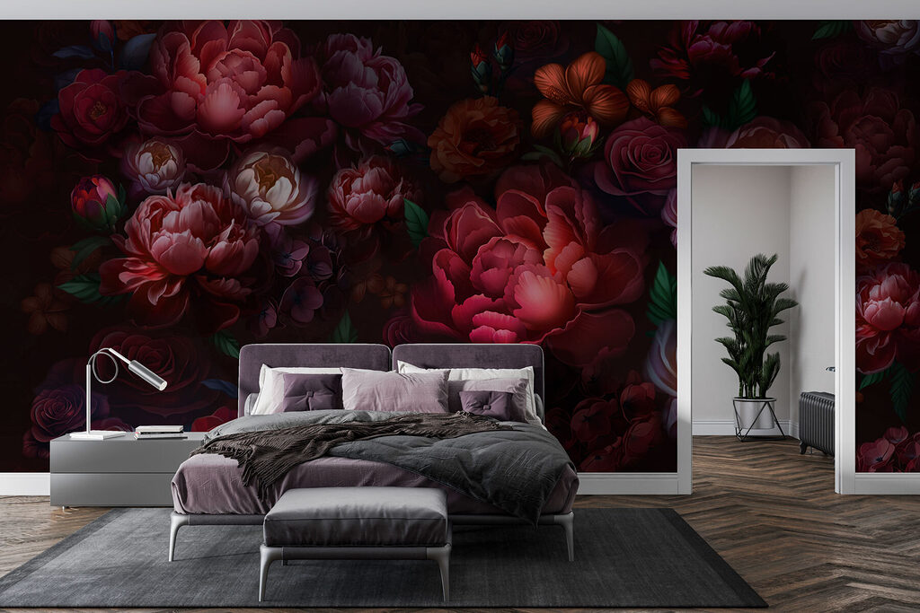 Donkerrode bloemen als nachtpatroon — interieur 1