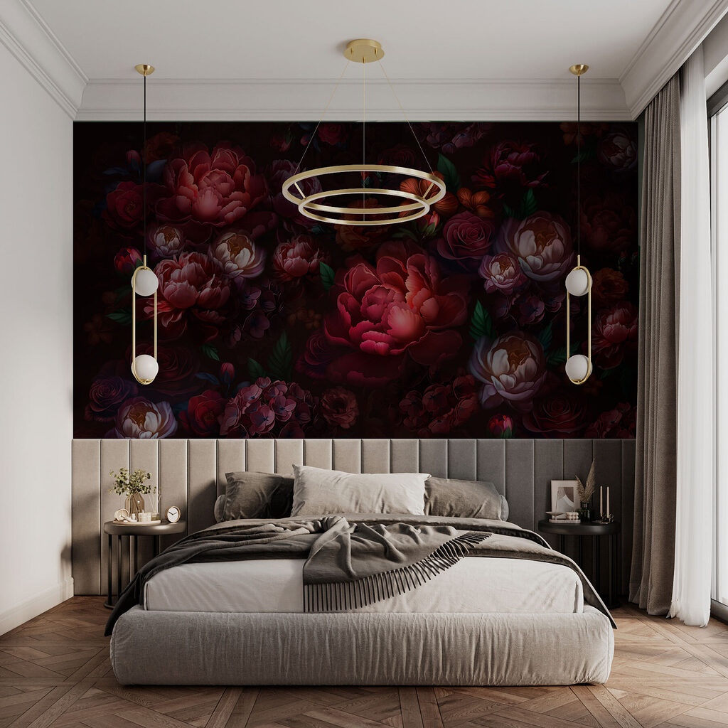 Donkerrode bloemen als nachtpatroon — interieur 2